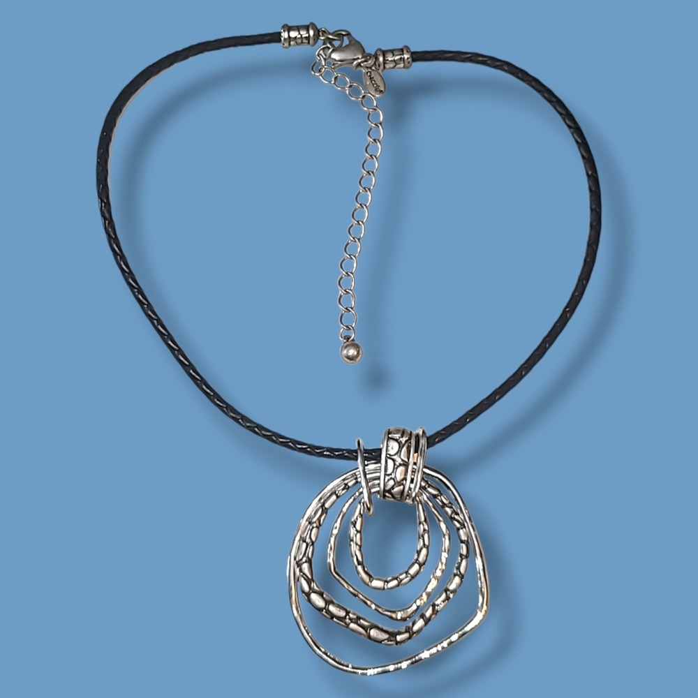 Chico's Modernist‎ Silvertone Multi-hoop Pendant Necklace Black Cord 16"-20"